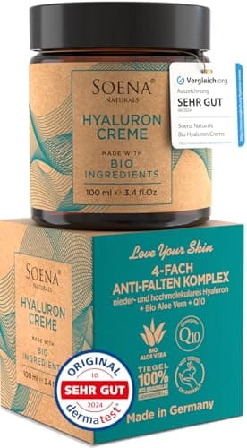 Braunglastiegel Soena Naturals Hyaluron Creme 100 ml mit Verpackung und Siegeln